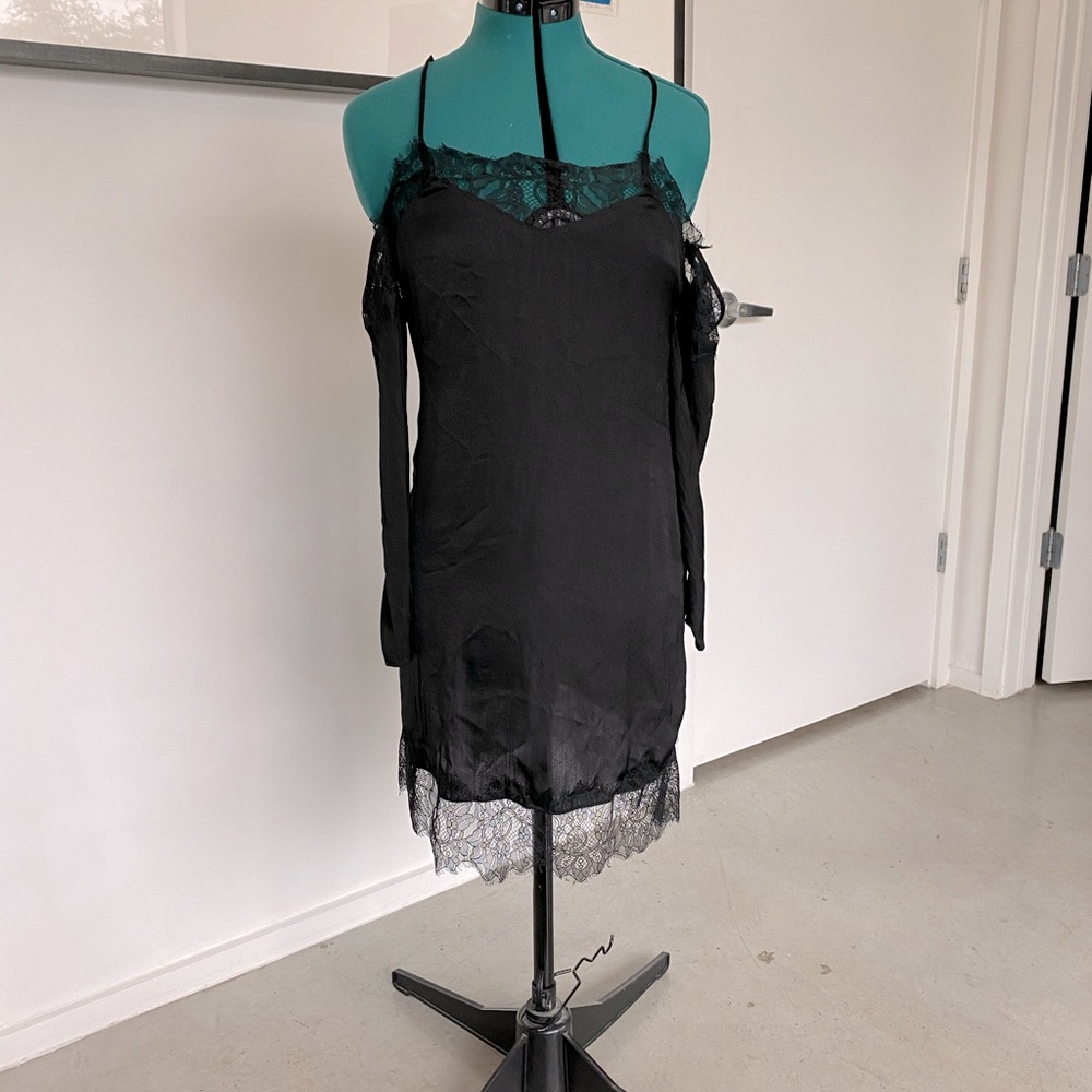 NEW LOVERS & FRIENDS Satin Lace Slip Mini Dress Off Cold Shoulder XS Black 90's